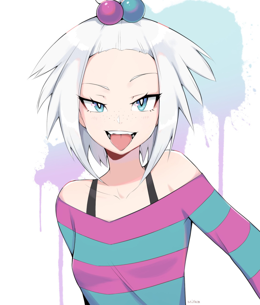 1girl artist_name blue_eyes blue_sweater blush bra_strap breasts collarbone freckles hair_bobbles hair_ornament highres homika_(pokemon) long_sleeves looking_at_viewer milka_(milk4ppl) multicolored_sweater off-shoulder_sweater off_shoulder open_mouth pokemon pokemon_(game) pokemon_bw2 purple_sweater short_hair small_breasts smile solo sweater teeth tongue tongue_out upper_body white_hair