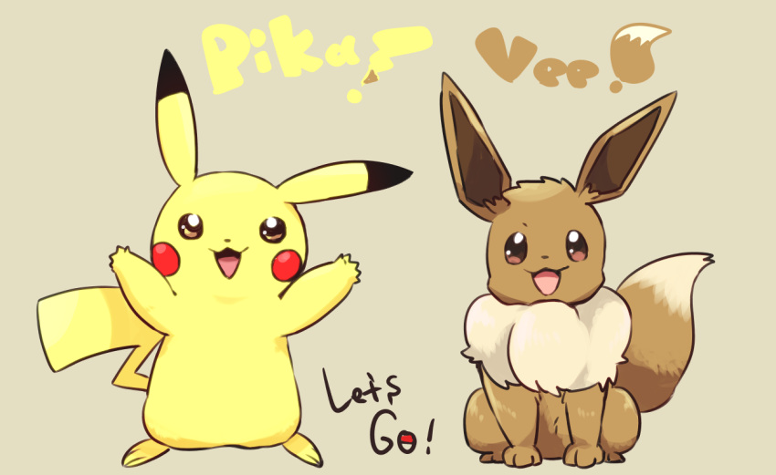 :d all_fours arms_up blush_stickers brown_eyes copyright_name creature eevee english_text full_body gen_1_pokemon happy mizuto_(o96ap) no_humans open_mouth pikachu pokemon pokemon_(creature) pokemon_(game) pokemon_lgpe simple_background smile standing