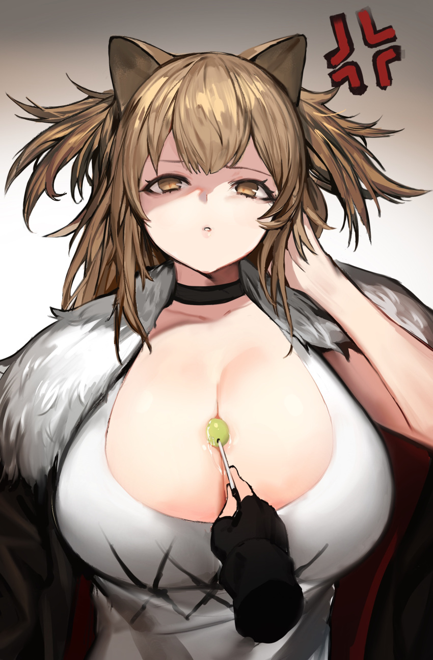 1girl absurdres anger_vein animal_ears arknights bangs black_choker black_jacket breasts candy choker collarbone food food_between_breasts fur-trimmed_jacket fur_trim glaring gradient gradient_background grey_background hand_in_hair hand_up highres jacket jam_(nandade) lips lollipop long_hair looking_at_viewer parted_lips shirt siege_(arknights) solo_focus upper_body white_background white_shirt