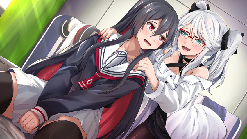 2girls bangs bare_shoulders between_legs black_bow black_choker black_hair black_legwear black_shirt black_skirt blue_eyes blush bow breasts character_request choker collarbone colored_inner_hair criss-cross_halter dutch_angle eyebrows_visible_through_hair genderswap genderswap_(mtf) glasses hair_between_eyes hair_bow halterneck hand_between_legs hands_on_another's_shoulders highres indoors kanzaki_kureha large_breasts leaning_forward light_rays long_hair long_sleeves miniskirt multicolored_hair multiple_girls nail_polish neckerchief off_shoulder open_mouth pantyhose pink_nails pleated_skirt red-framed_eyewear red_eyes red_neckwear ren_(witch's_weapon) sailor_collar shirt sidelocks sitting skirt sleeves_past_wrists spread_legs swept_bangs thigh-highs twintails two-tone_hair v_arms very_long_hair white_hair white_sailor_collar white_skirt witch's_weapon yuri