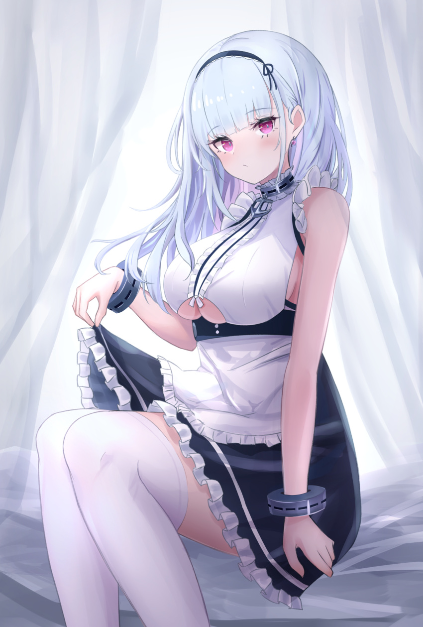 1girl apron azur_lane bangs black_hairband black_skirt blunt_bangs breasts center_frills closed_mouth commentary_request curtains dido_(azur_lane) earrings eyebrows_visible_through_hair frilled_apron frilled_skirt frills hairband higashigure highres indoors jewelry large_breasts legs_together lifted_by_self long_hair looking_at_viewer shirt silver_hair sitting skirt skirt_lift sleeveless sleeveless_shirt solo thigh-highs underboob_cutout violet_eyes waist_apron white_apron white_legwear white_shirt