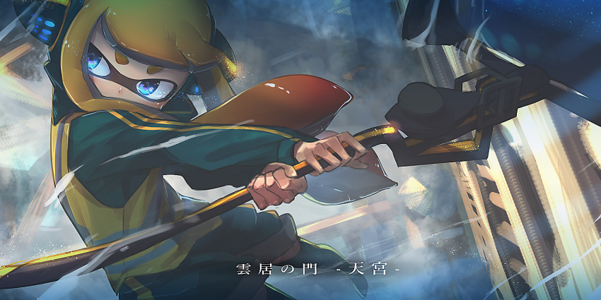 1girl aqua_jacket aqua_legwear aqua_shorts bangs blonde_hair blue_eyes blunt_bangs blush boots domino_mask dutch_angle glowing glowing_eyes gradient_hair headphones highres holding holding_weapon inkling jacket jumping kashu_(hizake) light_blush long_hair long_sleeves looking_to_the_side mask motion_lines multicolored_hair nintendo nose_blush orange_hair outstretched_arms redhead shiny shiny_hair shorts solo splat_roller_(splatoon) splatoon_(series) splatoon_1 squidbeak_splatoon tentacle_hair tentacles thigh-highs thigh_boots translation_request twintails vest weapon yellow_vest