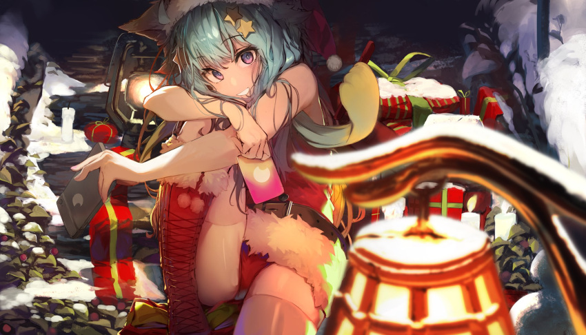 1girl akieda animal_ears bangs blue_hair candle cat_ears commentary_request copyright_request eyebrows_visible_through_hair fur_trim grin hair_ornament hat highres holding lamp outdoors santa_costume santa_hat sitting smile solo stairs star star_hair_ornament violet_eyes