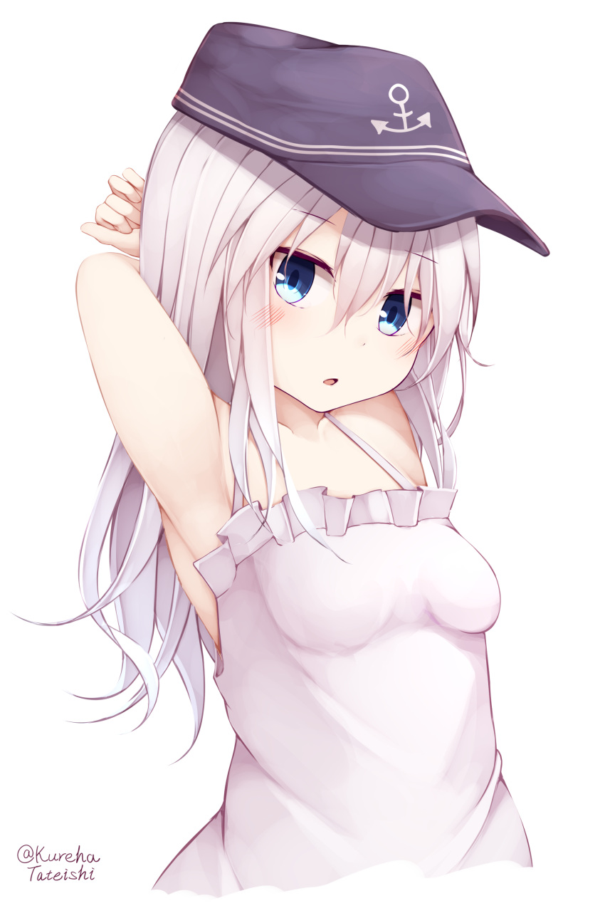 1girl absurdres alternate_costume anchor_symbol armpits blue_eyes blush breasts eyebrows_visible_through_hair hair_between_eyes hamayuu_(litore) hat hibiki_(kantai_collection) highres kantai_collection long_hair open_mouth silver_hair sleepwear small_breasts smile solo