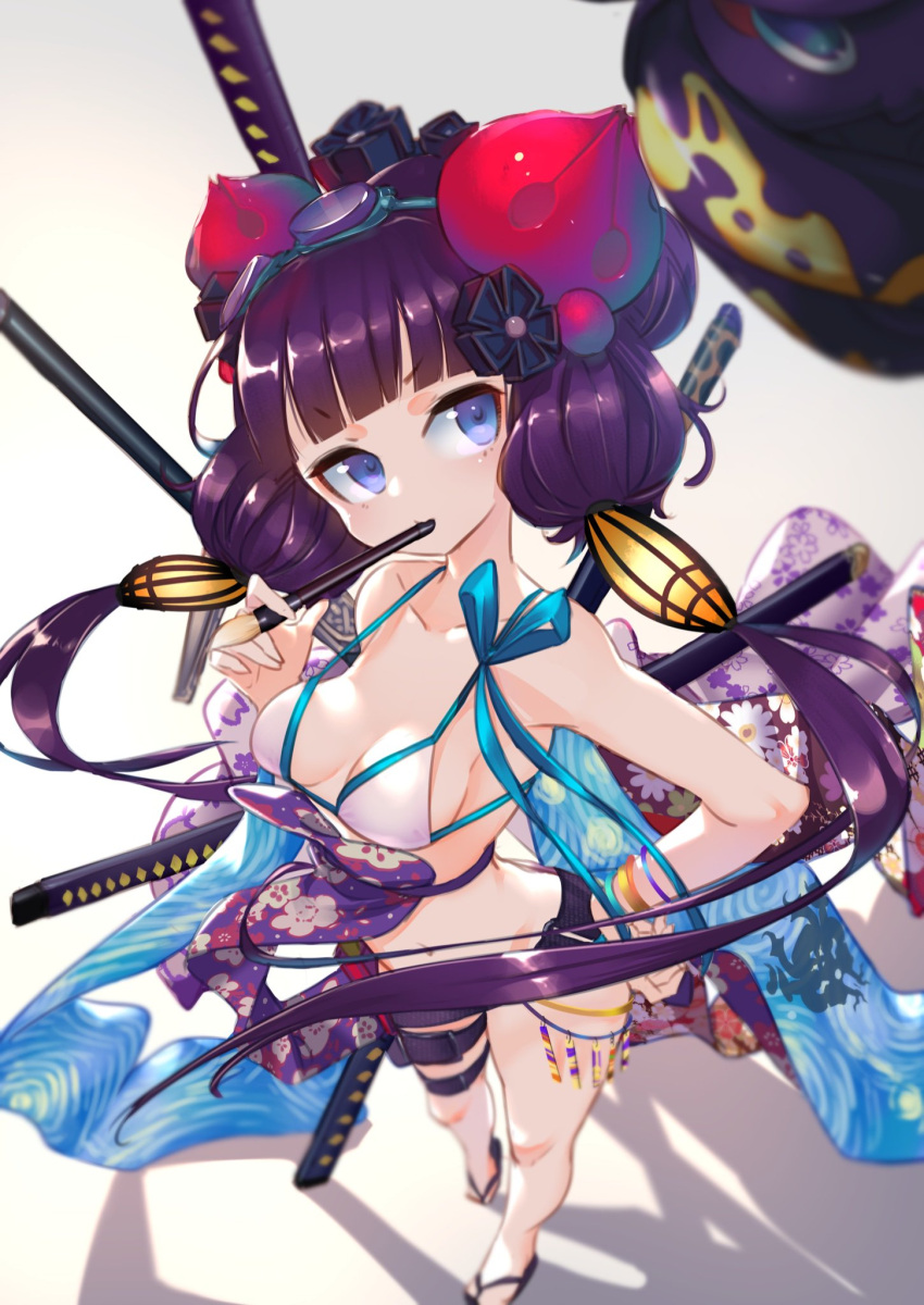 1girl bangle bangs bare_shoulders bikini blue-framed_eyewear blue_eyes blunt_bangs blurry blurry_foreground blush bracelet breasts brush closed_mouth collarbone commentary_request depth_of_field eyebrows_visible_through_hair fate/grand_order fate_(series) floral_print from_above full_body goggles goggles_on_head grey_background hair_bun hair_ornament hair_tubes hand_on_hip hand_up heel_up highres holding jewelry kashu_(hizake) katana katsushika_hokusai_(fate/grand_order) katsushika_hokusai_(swimsuit_saber)_(fate) light_blush long_hair looking_to_the_side looking_up medium_breasts mouth_hold navel purple-tinted_eyewear purple_footwear purple_hair sandals sash sheath sheathed shiny shiny_hair simple_background solo standing stomach swimsuit sword thigh_strap tied_hair twintails very_long_hair weapon white_bikini