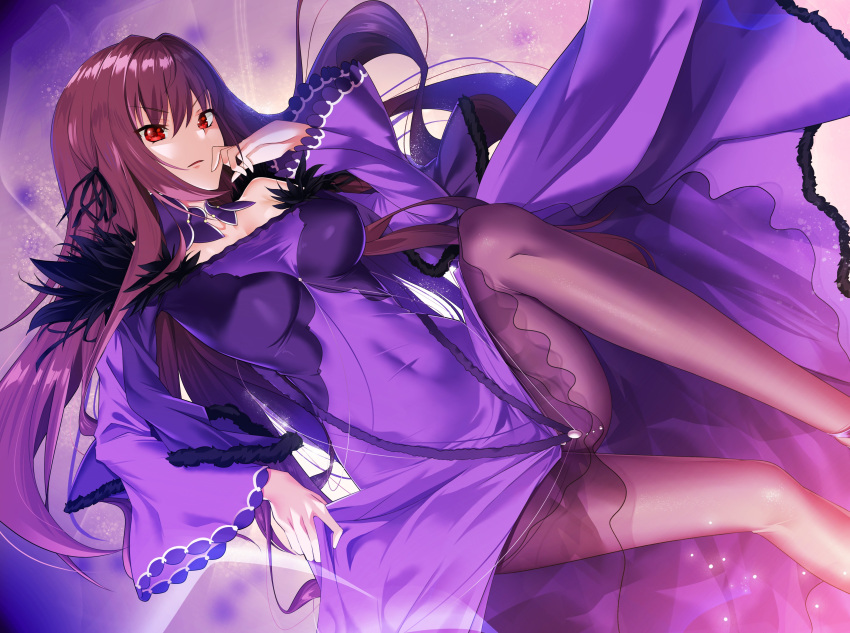 1girl absurdres bangs black_ribbon blbc2 breasts breasts_apart brown_hair brown_legwear covered_navel covered_nipples dress eyebrows_visible_through_hair fate/grand_order fate_(series) floating_hair gradient_hair hair_between_eyes hair_intakes hair_ribbon highres leg_lift long_dress long_hair long_sleeves medium_breasts multicolored_hair off-shoulder_dress off_shoulder pantyhose parted_lips purple_dress purple_hair red_eyes ribbon scathach_(fate)_(all) scathach_(fate/grand_order) shiny shiny_hair skirt_hold solo v-shaped_eyebrows very_long_hair