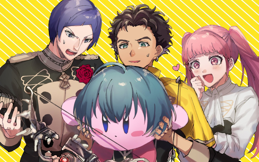 1girl 1other 2boys arrow blue_hair bow_(weapon) brown_hair claude_von_riegan dark_skin dark_skinned_male earrings fire_emblem fire_emblem:_three_houses garreg_mach_monastery_uniform green_eyes highres hilda_valentine_goneril holding jewelry kirby kirby_(series) long_hair long_sleeves lorenz_hellman_gloucester multiple_boys open_mouth pink_eyes pink_hair purple_hair shn64108482 short_hair super_smash_bros. twintails uniform violet_eyes weapon