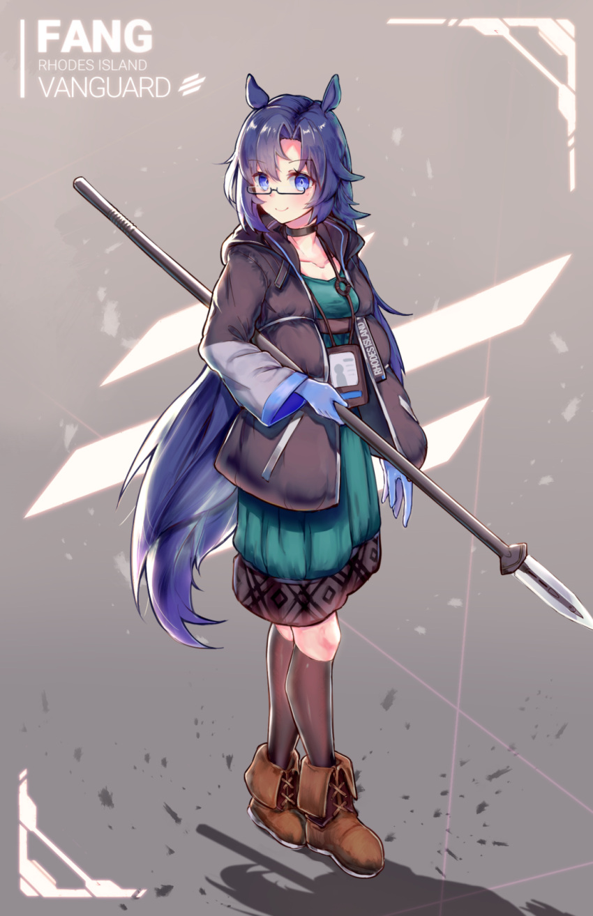 1girl alternate_costume animal_ears arknights black_legwear blue_eyes blue_gloves blue_hair boots casual character_name choker commentary dress fang_(arknights) full_body glasses gloves green_dress greypidjun highres jacket kneehighs long_hair long_sleeves looking_at_viewer polearm smile solo spear standing very_long_hair weapon