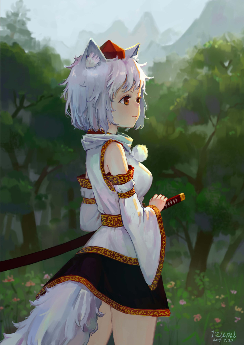 absurdres animal_ears detached_sleeves flower forest grass hat highres inubashiri_momiji k_izumi_(1zumi) messy_hair mountain nature outdoors pom_pom_(clothes) red_eyes scenery short_hair signature sky sword tail tokin_hat touhou tree weapon white_hair wolf_ears wolf_tail