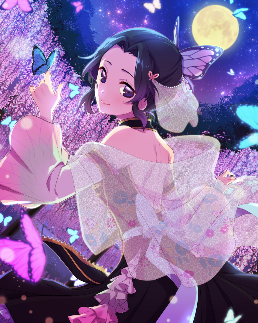 1girl absurdres backless_dress backless_outfit black_dress black_hair bug butterfly butterfly_hair_ornament butterfly_on_hand closed_mouth detached_sleeves dress flower from_side full_moon gradient_hair gradient_sleeves hair_ornament hako_(gyhujikolp) highres huge_filesize hydrangea insect kimetsu_no_yaiba kochou_shinobu lens_flare long_sleeves looking_at_viewer moon multicolored_hair night night_sky outdoors pink_flower pink_sleeves purple_hair sash short_hair shoulder_blades sky sleeveless sleeveless_dress smile solo standing star_(sky) starry_sky veil violet_eyes white_sleeves wide_sleeves