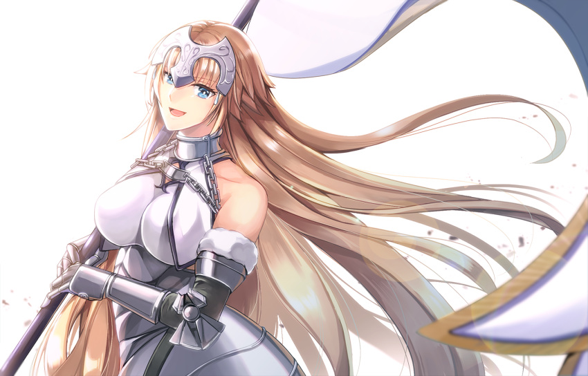 1girl armor armored_dress bangs banner blonde_hair blue_eyes breasts commentary_request dress fate/apocrypha fate/grand_order fate_(series) floating_hair hair_blowing headpiece holding holding_weapon jeanne_d'arc_(fate) jeanne_d'arc_(fate/apocrypha) kina_izu large_breasts long_hair looking_at_viewer revision simple_background smile solo standing very_long_hair weapon white_background wind