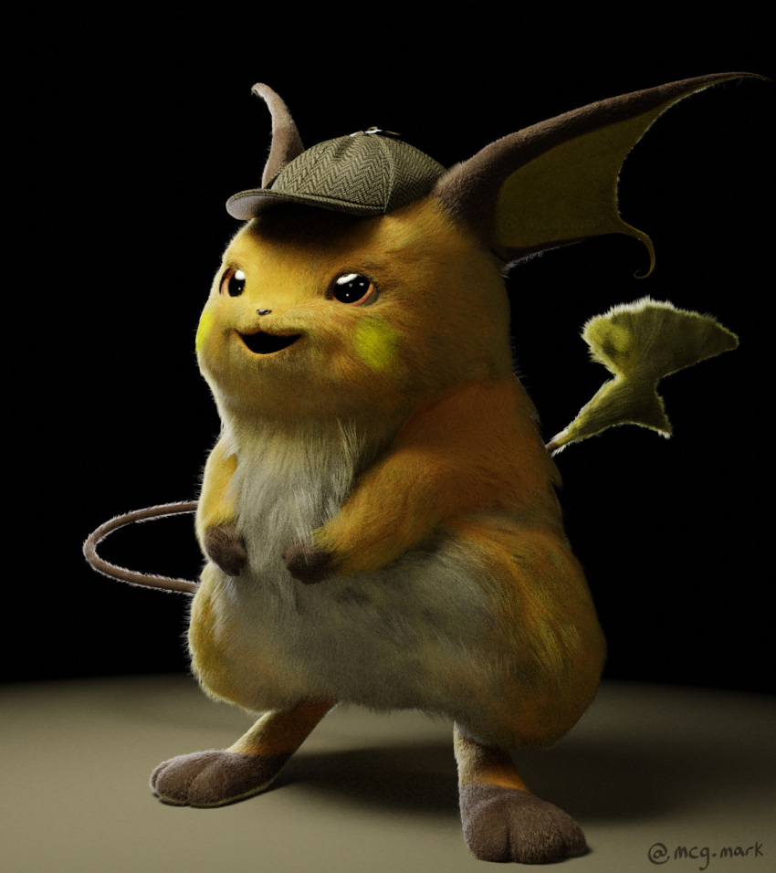 3d black_background brown_eyes commentary creature detective_pikachu detective_pikachu_(movie) english_commentary full_body gen_1_pokemon hat highres mcgmark no_humans open_mouth pokemon pokemon_(creature) raichu realistic shadow simple_background smile solo standing