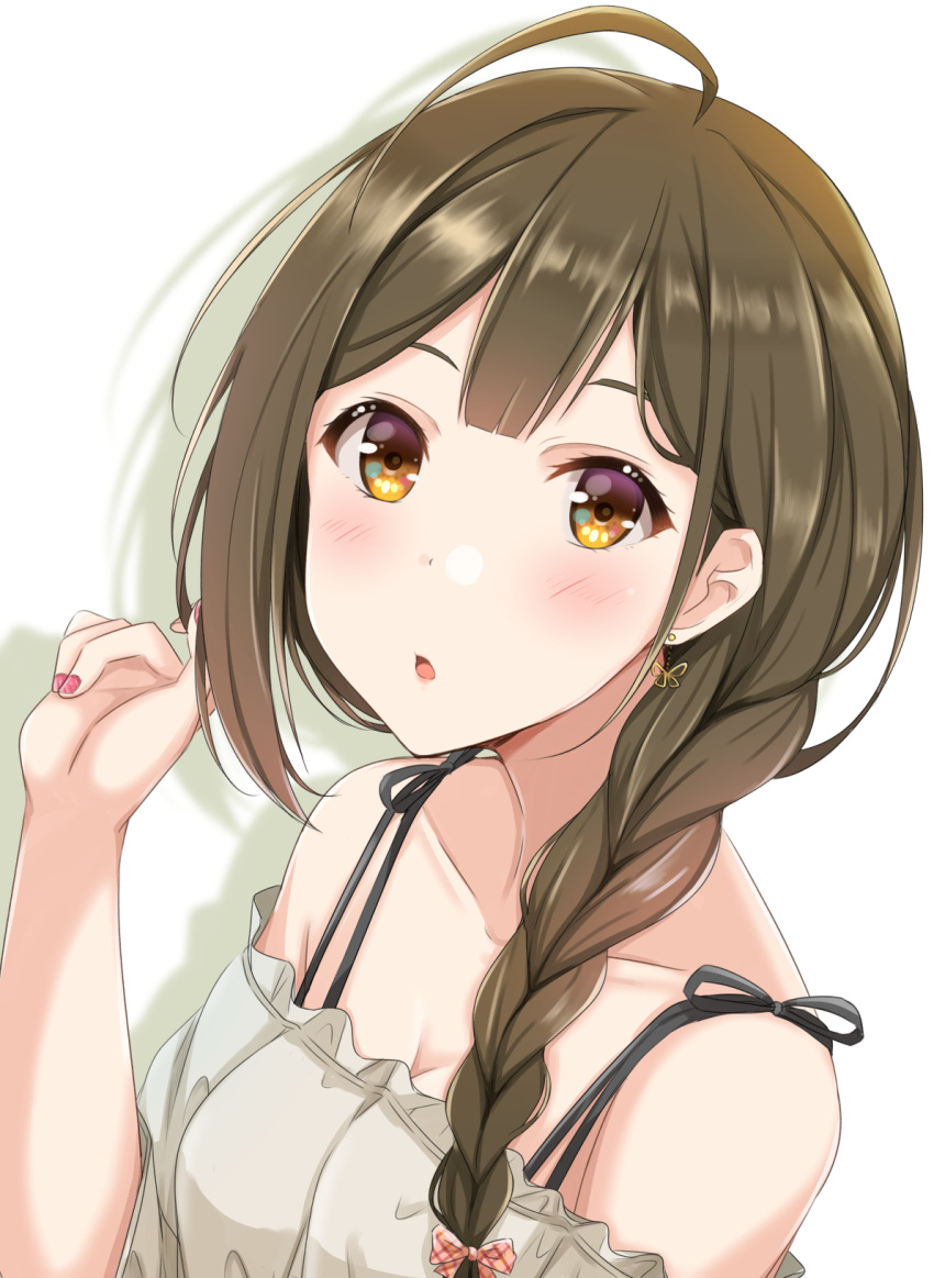 1girl ahoge bangs black_ribbon braid brown_eyes brown_hair hair_over_shoulder highres idolmaster idolmaster_shiny_colors kuwayama_chiyuki long_hair looking_at_viewer nail_polish off-shoulder_shirt off_shoulder open_mouth pink_nails ribbon shiny shiny_hair shirt simple_background single_braid solo upper_body white_background white_shirt yuzuyu_(hyui)