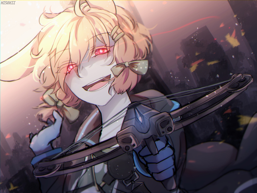 1girl aiming aiming_at_viewer animal_ears arknights artist_name bangs blonde_hair blue_gloves bow bow_(weapon) commentary crossbow eyebrows_visible_through_hair gloves green_bow hair_bow highres hiseki_(hisechu) holding holding_bow_(weapon) holding_weapon jacket kroos_(arknights) long_sleeves looking_at_viewer open_clothes open_jacket open_mouth rabbit_ears red_eyes smile solo teeth upper_body weapon