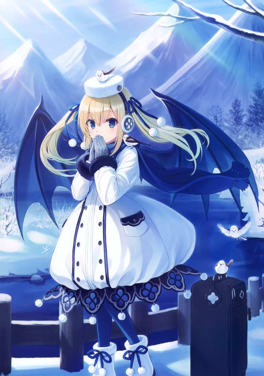 1girl absurdres animal bird blonde_hair blue_eyes blue_legwear blue_theme boots demon_wings dress earmuffs floating_hair fur_trim gloves grey_gloves hair_ribbon hands_up highres long_hair long_sleeves looking_at_viewer luggage mountain original outdoors own_hands_together pantyhose ribbon scan scarf snow solo sunlight tree_branch twintails water white_dress white_headwear wings winter winter_clothes yashiro_seika