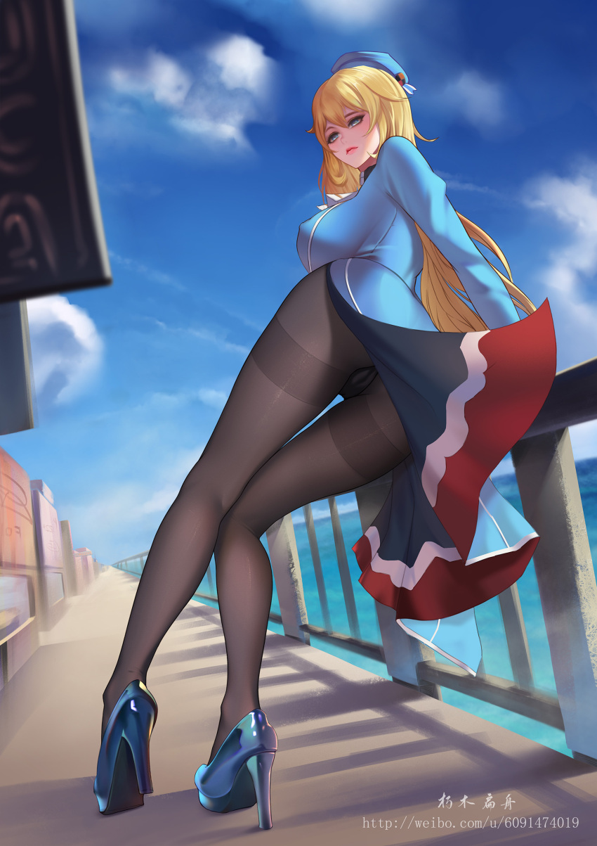 1girl absurdres artist_name ass atago_(kantai_collection) bangs beret black_legwear black_panties blonde_hair blue_eyes blue_footwear blue_headwear blue_sky breasts chinese_commentary closed_mouth clouds cloudy_sky commentary_request covered_nipples day eyelashes eyeliner from_behind full_body hair_between_eyes hat high_heels highres kantai_collection kneepits large_breasts legs long_hair looking_at_viewer looking_back makeup military military_uniform nose ocean outdoors panties panties_under_pantyhose pantyhose pink_lips railing shadow sidelocks sky solo thighband_pantyhose thighs underwear uniform water watermark web_address weibo_username wind wind_lift xiumu_bianzhou