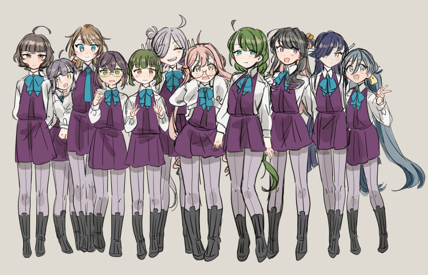 6+girls :d absurdres ahoge asashimo_(kantai_collection) bangs black_footwear blue_eyes blue_neckwear blunt_bangs bob_cut boots bow bowtie brown_eyes brown_hair closed_eyes double_bun dress eyebrows_visible_through_hair facing_viewer full_body glasses green-framed_eyewear green_eyes green_hair grey_background grey_hair grey_legwear hair_over_one_eye hair_ribbon halterneck hayanami_(kantai_collection) hayashimo_(kantai_collection) highres kantai_collection kazagumo_(kantai_collection) kishinami_(kantai_collection) kiyoshimo_(kantai_collection) kosame_(iso) long_hair long_sleeves looking_at_viewer makigumo_(kantai_collection) multicolored_hair multiple_girls naganami_(kantai_collection) okinami_(kantai_collection) open_mouth pantyhose pink_hair pleated_dress ponytail purple-framed_eyewear purple_dress purple_hair purple_legwear ribbon school_uniform seamed_legwear sharp_teeth shirt short_hair side-seamed_legwear simple_background sleeveless sleeveless_dress sleeves_past_wrists smile takanami_(kantai_collection) teeth twintails very_long_hair violet_eyes wavy_hair white_shirt yellow_eyes yuugumo_(kantai_collection)