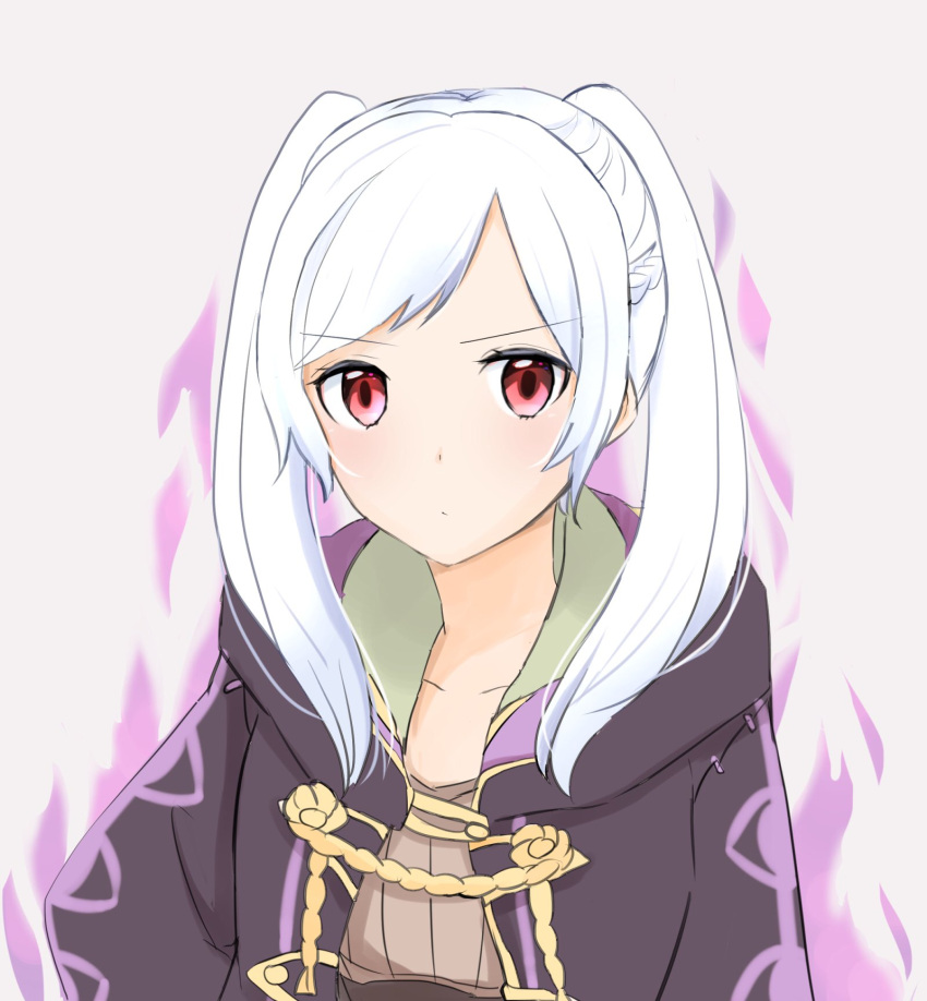 1girl aura dark_aura fire_emblem fire_emblem_awakening grey_background grima_(fire_emblem) highres hood hood_down puni_y_y red_eyes robin_(fire_emblem) robin_(fire_emblem)_(female) simple_background solo twintails upper_body white_hair