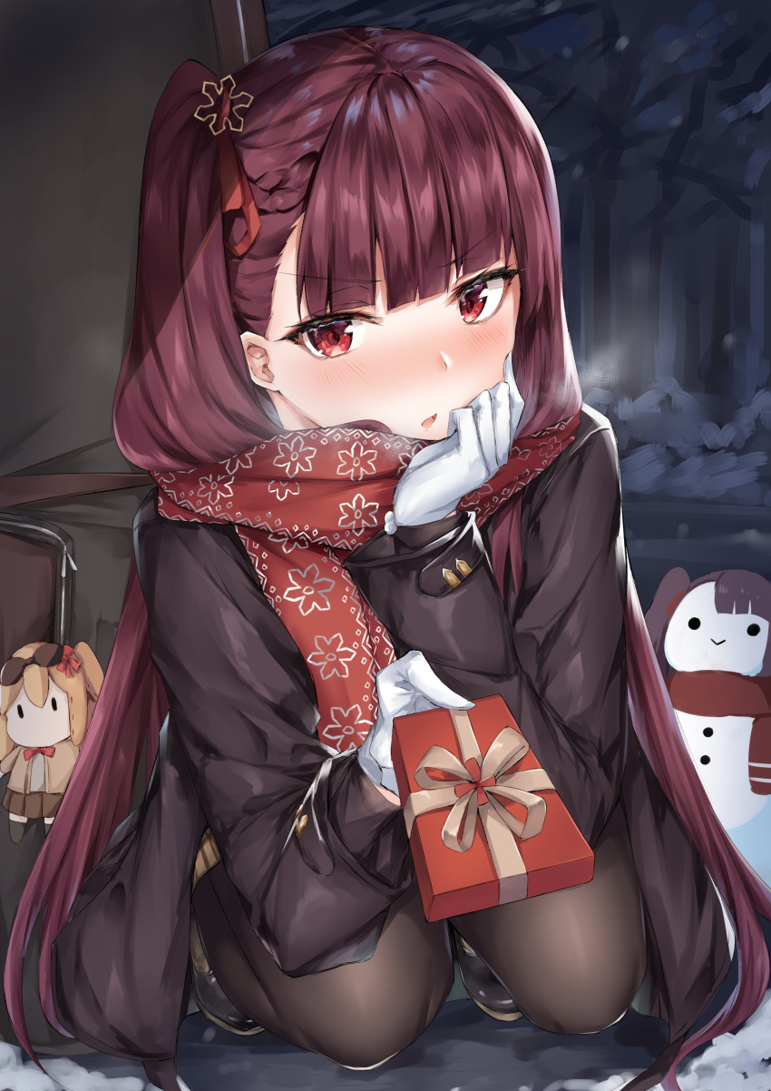 absurdres bangs black_coat black_legwear blush coat coffeedog gift girls_frontline gloves hair_ribbon highres kalina_(girls_frontline) long_hair long_sleeves miniskirt one_side_up pantyhose plaid plaid_skirt print_scarf purple_hair red_eyes red_neckwear red_ribbon red_scarf ribbon scarf skirt snow snowman wa2000_(girls_frontline) weapon_bag white_gloves