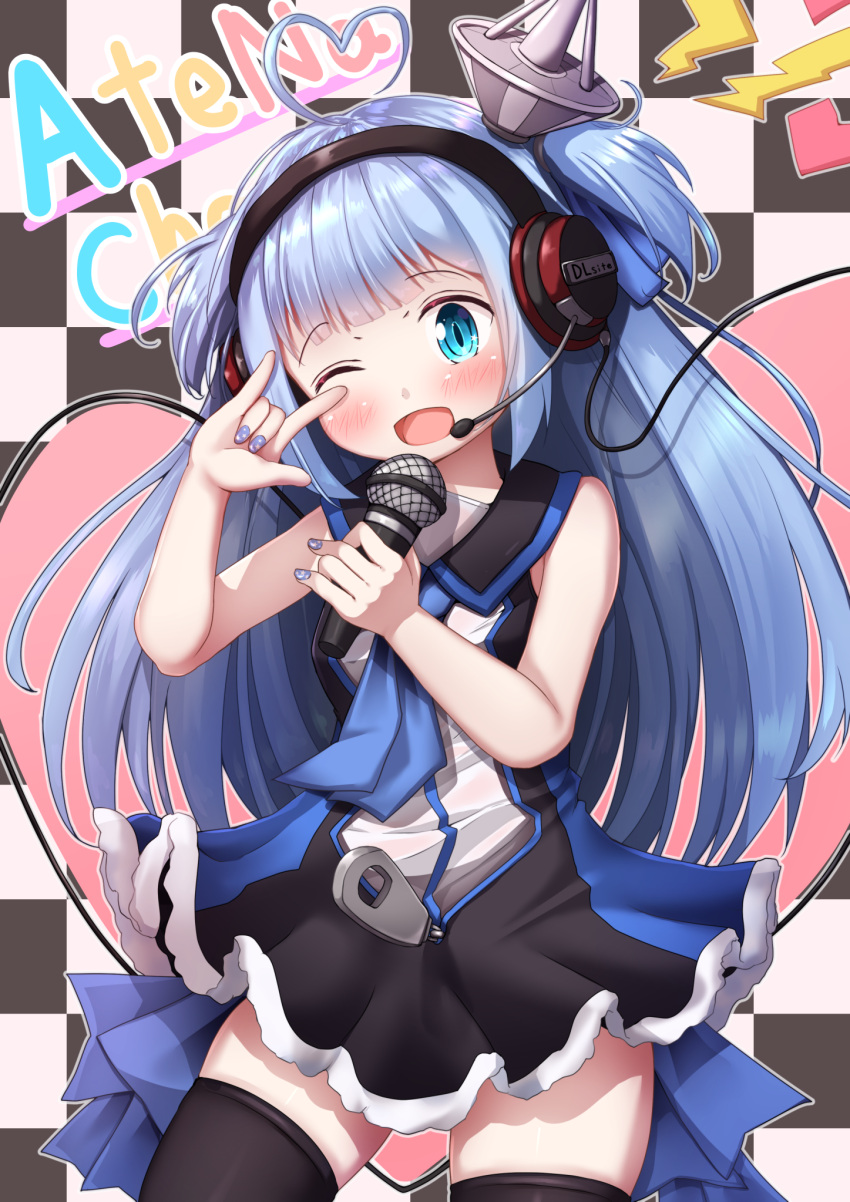 1girl ;d \n/ ahoge bangs bare_arms black_dress black_legwear blue_eyes blue_hair blue_nails blue_neckwear blush checkered checkered_background commentary_request copyright_request dress eyebrows_visible_through_hair hands_up head_tilt headphones headset heart heart_ahoge highres holding holding_microphone lightning_bolt long_hair looking_at_viewer microphone mochiyuki nail_art nail_polish one_eye_closed open_mouth pleated_dress sidelocks sleeveless sleeveless_dress smile solo thigh-highs two_side_up very_long_hair zipper_pull_tab