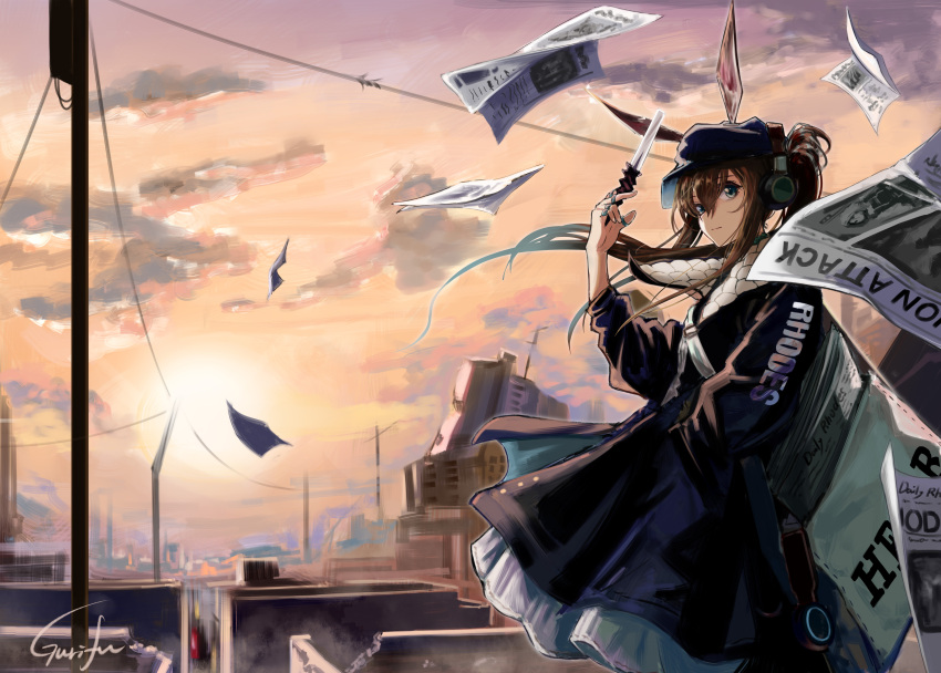 1girl absurdres amiya_(arknights) animal_ears arknights artist_name bag bangs black_jacket blue_eyes blue_headwear brown_hair closed_mouth clouds commentary_request ears_through_headwear eyebrows_visible_through_hair flat_cap gurifu hair_between_eyes hand_in_pocket hand_up hat headphones highres holding jacket jewelry long_hair long_sleeves newspaper outdoors ponytail power_lines puffy_long_sleeves puffy_sleeves rabbit_ears ring shoulder_bag signature solo standing sunset telephone_pole thumb_ring very_long_hair