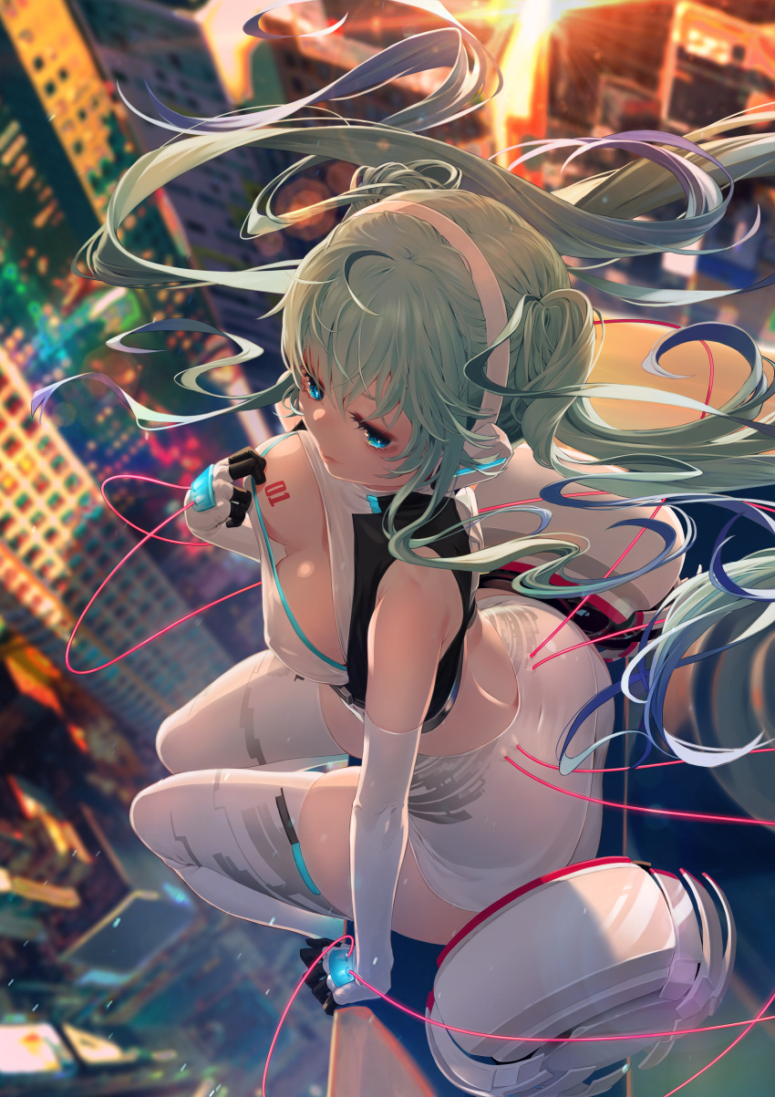 1girl absurdres ass blue_eyes breast_tattoo breasts building city elbow_gloves from_above gloves goodsmile_company goodsmile_racing green_hair hatsune_miku headphones highres long_hair midriff oohhya racequeen racing_miku racing_miku_(2014) rooftop sitting skirt skyscraper sunlight tattoo thigh-highs twintails vocaloid