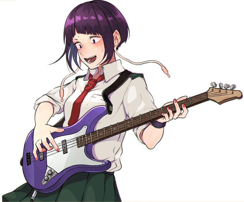 1girl bass_guitar blush boku_no_hero_academia collared_shirt commentary_request epaulettes green_skirt highres instrument jirou_kyouka kobaji looking_down necktie open_mouth pleated_skirt purple_hair red_nails red_neckwear revision school_uniform shirt short_hair simple_background skirt sleeves_rolled_up sweat u.a._school_uniform white_background white_shirt