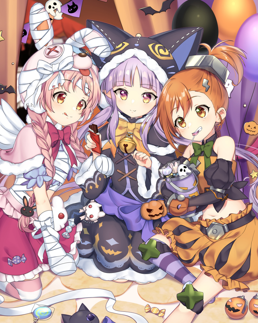 3girls :q absurdres akane_mimi animal_ears animal_hat animal_hood balloon bandaged_arm bandaged_hands bandages bangs bare_shoulders bell black_capelet black_gloves black_jacket black_skirt black_sleeves blurry blurry_background blush bow braid brown_bow brown_eyes brown_hair bunny_hair_ornament bunny_hat candy capelet cat_ears cat_hood chocolate chocolate_bar closed_mouth commentary_request depth_of_field detached_sleeves earmuffs elbow_gloves eyebrows_visible_through_hair fake_animal_ears fang fang_out food food_in_mouth frilled_skirt frills fur-trimmed_capelet fur-trimmed_hood fur-trimmed_skirt fur-trimmed_sleeves fur_trim gloves hair_between_eyes hair_ornament hat highres hikawa_kyoka hodaka_misogi holding holding_food hood hood_up hooded_capelet jack-o'-lantern jacket jingle_bell ken_pyatsu lightning_bolt lightning_bolt_hair_ornament lollipop long_hair long_sleeves multiple_girls orange_shorts pennant pink_capelet pink_hair pink_skirt princess_connect! princess_connect!_re:dive puffy_short_sleeves puffy_shorts puffy_sleeves purple_bow purple_hair rabbit_ears red_bow shirt short_shorts short_sleeves shorts side_ponytail single_thighhigh skirt sleeveless sleeveless_shirt smile string_of_flags striped striped_legwear swirl_lollipop thigh-highs tongue tongue_out twin_braids twintails very_long_hair wide_sleeves