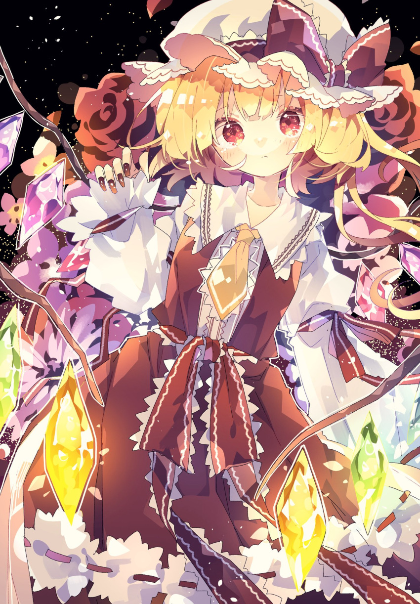 1girl black_background blonde_hair bow commentary cowboy_shot crystal fingernails flandre_scarlet flower frills hand_up hat hat_bow highres long_fingernails long_hair long_sleeves looking_at_viewer mob_cap necktie nikorashi-ka red_bow red_eyes red_nails red_ribbon red_skirt red_vest ribbon rose shirt side_ponytail skirt solo touhou vest white_headwear white_shirt wings yellow_neckwear