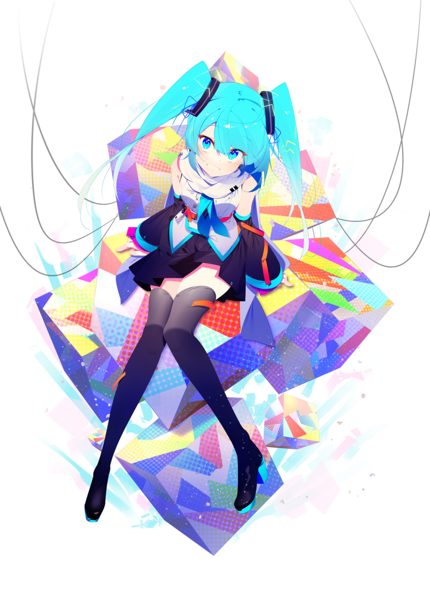 1girl bangs benio_(dontsugel) black_footwear black_skirt black_sleeves blue_eyes blue_hair blue_neckwear boots detached_sleeves eyebrows_visible_through_hair floating_hair from_above full_body grin hair_between_eyes hatsune_miku highres long_hair long_sleeves looking_at_viewer miniskirt necktie pleated_skirt shiny shiny_hair shirt simple_background sitting skirt sleeveless sleeveless_shirt smile solo thigh-highs thigh_boots very_long_hair vocaloid white_background white_shirt zettai_ryouiki