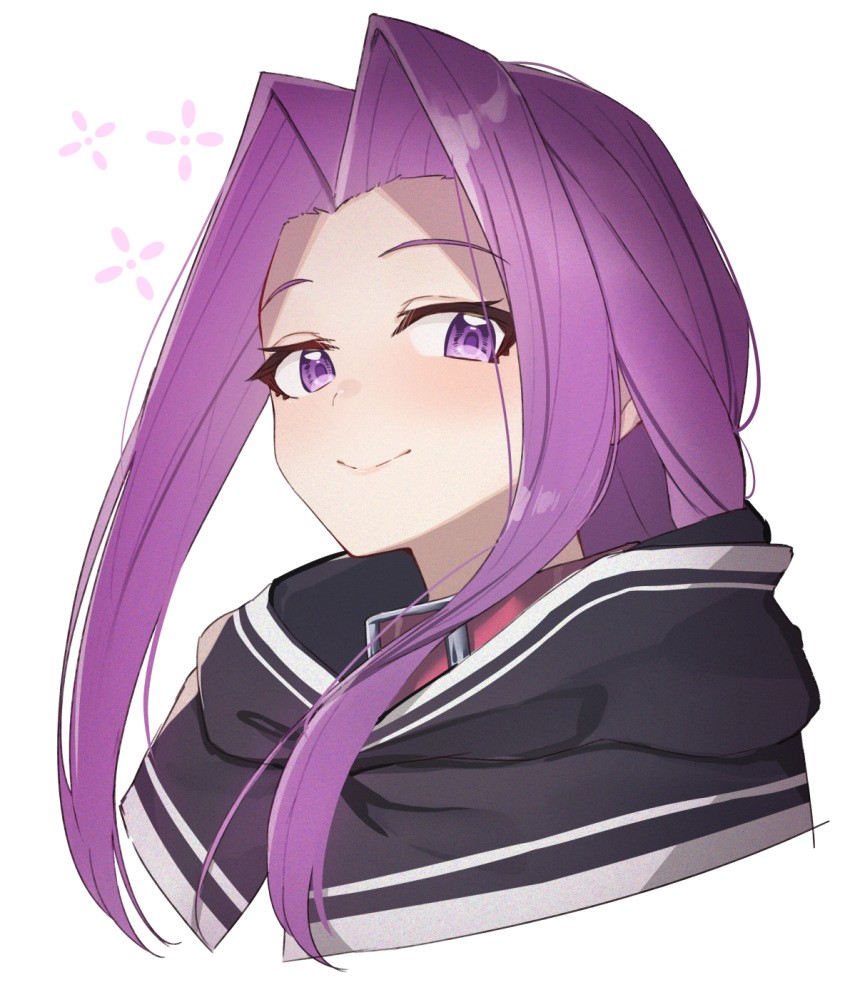 1girl bangs blush closed_mouth collar commentary_request fate/grand_order fate_(series) forehead highres hood hood_down looking_at_viewer medusa_(lancer)_(fate) parted_bangs portrait purple_hair red_collar rider sidelocks simple_background smile solo tapioka_(oekakitapioka) violet_eyes white_background