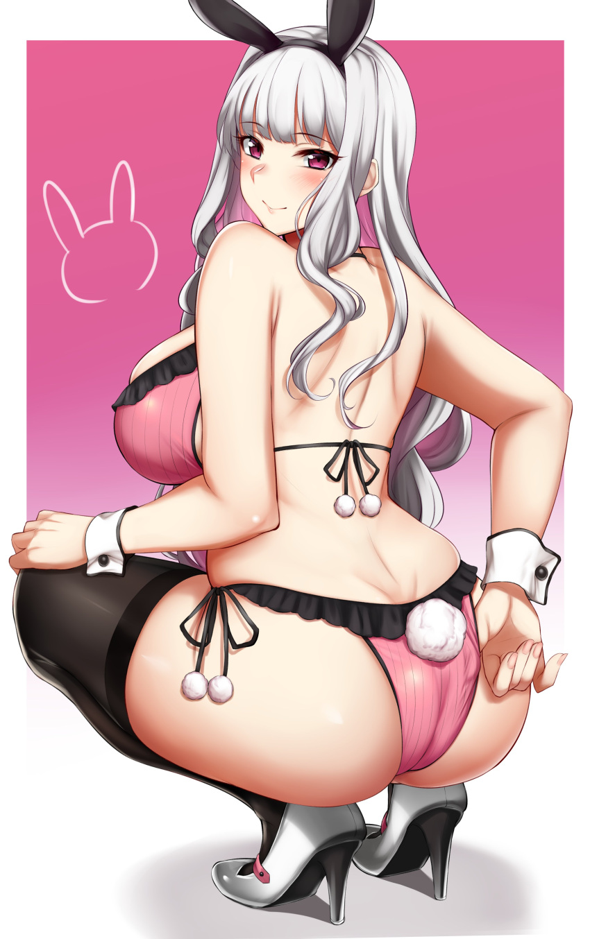 1girl absurdres adjusting_clothes animal_ears ass back bangs bare_shoulders bikini black_legwear blush breasts bunny_tail character_request detached_collar dimples_of_venus eyebrows_visible_through_hair fake_animal_ears frills hairband high_heels highres kusahagane large_breasts long_hair looking_at_viewer looking_back pink_bikini rabbit_ears shoulder_blades side-tie_bikini sidelocks silver_hair skindentation smile solo squatting swimsuit tail thigh-highs violet_eyes wrist_cuffs