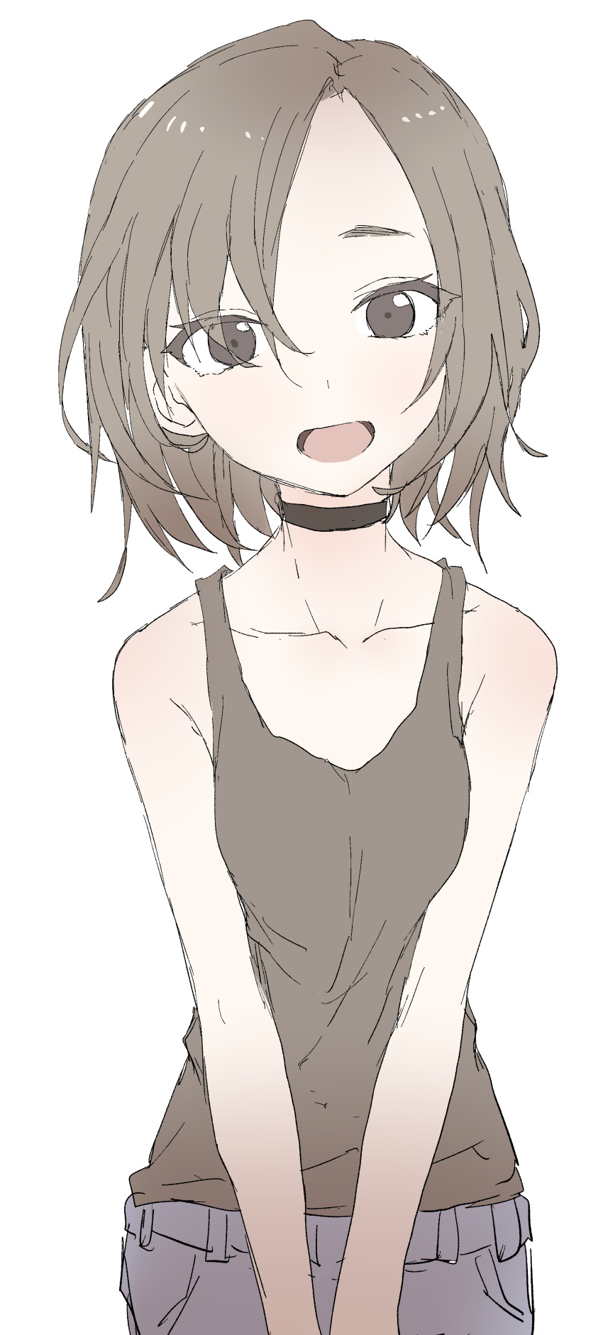1girl :d absurdres bangs bare_arms bare_shoulders black_choker breasts brown_eyes brown_hair brown_tank_top choker collarbone commentary_request eyes_visible_through_hair hair_over_one_eye head_tilt highres looking_at_viewer open_mouth original pants simple_background small_breasts smile solo swept_bangs tank_top v_arms white_background yamamoto_souichirou