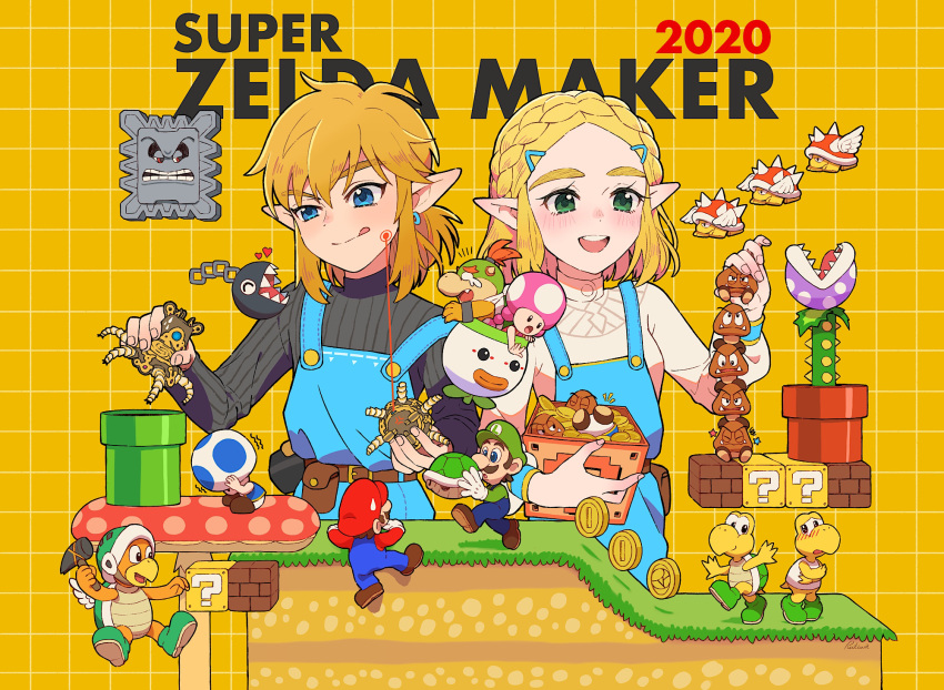 3girls 6+boys ?_block block blonde_hair blue_eyes bowser_jr. braid chain_chomp company_connection crossover facial_hair goomba green_eyes guardian_(breath_of_the_wild) hammer_brothers hat highres koopa_troopa licking_lips link luigi mario super_mario_bros. multiple_boys multiple_girls mustache open_mouth overalls piranha_plant pointy_ears princess_zelda round_teeth rutiwa shell spiny super_mario_bros. super_mario_maker teeth the_legend_of_zelda the_legend_of_zelda:_breath_of_the_wild the_legend_of_zelda:_breath_of_the_wild_2 thick_eyebrows thwomp toad toadette tongue tongue_out wings yellow_background