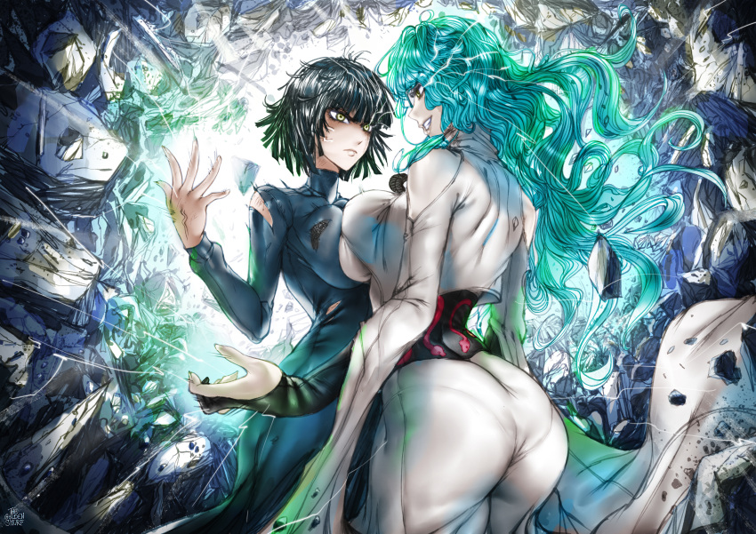 2girls angry ass asymmetrical_docking bare_shoulders black_hair breast_contest breast_press breasts bridal_gauntlets confrontation deep_skin dress eye_contact face-to-face fubuki_(one-punch_man) green_hair greyscale highres huge_ass large_breasts lightning_glare long_hair looking_at_another monochrome multiple_girls one-punch_man pantylines psychos rivalry short_hair telekinesis the_golden_smurf torn_clothes torn_dress