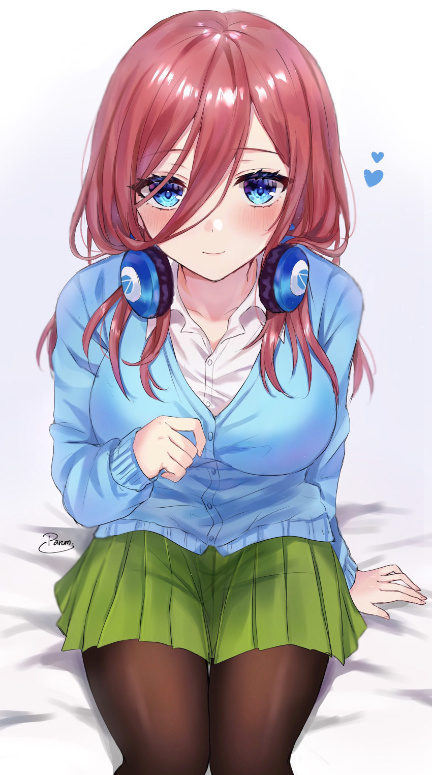 1girl absurdres arm_support bangs black_legwear blue_cardigan blue_eyes blur blush breasts brown_hair cardigan closed_mouth collarbone collared_shirt commentary_request cowboy_shot eyebrows_visible_through_hair go-toubun_no_hanayome green_skirt hair_between_eyes headphones headphones_around_neck heart highres large_breasts long_hair long_sleeves looking_at_viewer nakano_miku on_bed pantyhose parum39 pleated_skirt school_uniform shiny_legwear shirt signature sitting sitting_on_bed skirt smile solo white_background white_shirt