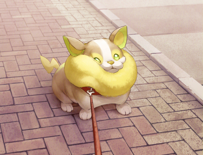 creature dog dog_focus full_body gen_8_pokemon green_eyes highres kokorin leash looking_at_viewer no_humans pokemon pokemon_(creature) solo yamper