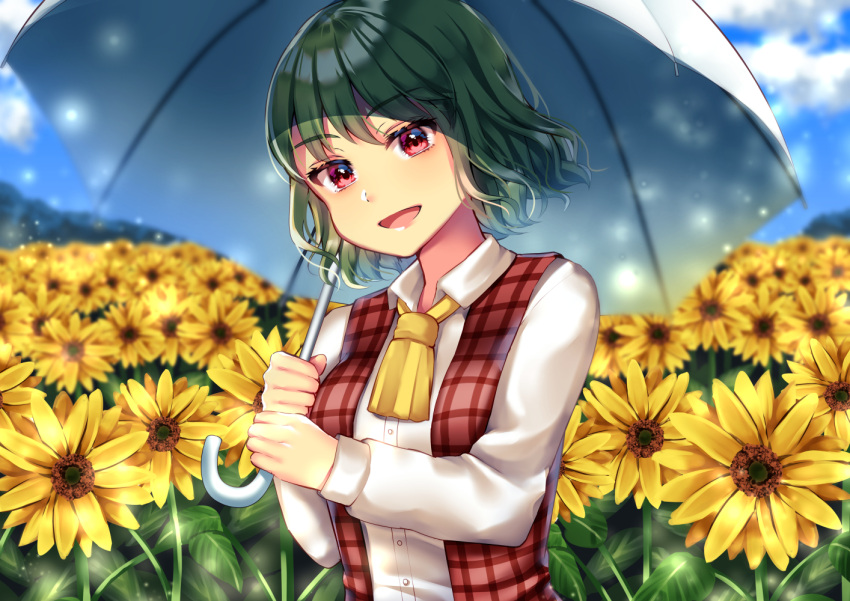 1girl arms_up blue_sky clouds commentary_request cravat day eyebrows_visible_through_hair field flower flower_field garden_of_the_sun green_hair head_tilt holding holding_umbrella kazami_yuuka leaf light_particles long_sleeves looking_at_viewer maitacoco open_clothes open_mouth open_vest outdoors plaid plaid_vest red_eyes shirt short_hair sky solo standing sunflower touhou umbrella upper_body vest white_shirt yellow_neckwear