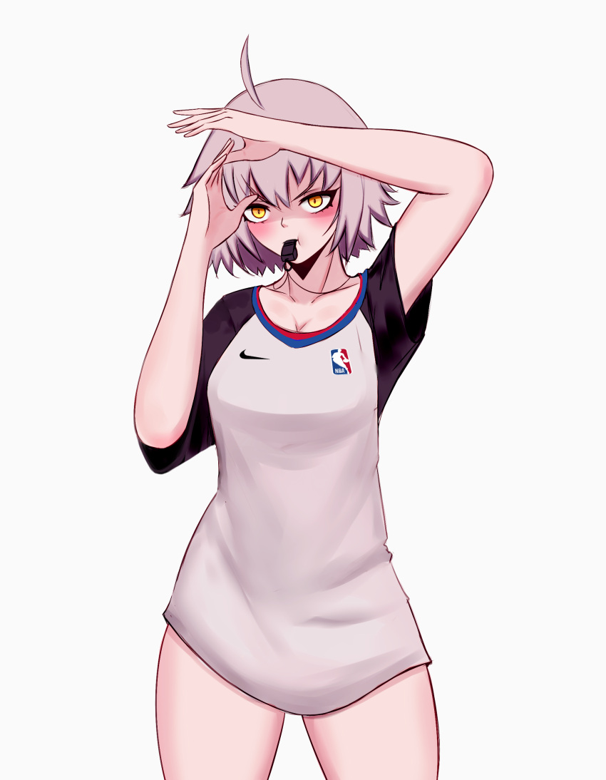absurdres alternate_costume bangs basketball biriyb breasts cowboy_shot fate/grand_order fate_(series) grey_background highres jeanne_d'arc_(alter)_(fate) jeanne_d'arc_(fate)_(all) jersey large_breasts referee short_hair silver_hair tsurime whistle yellow_eyes