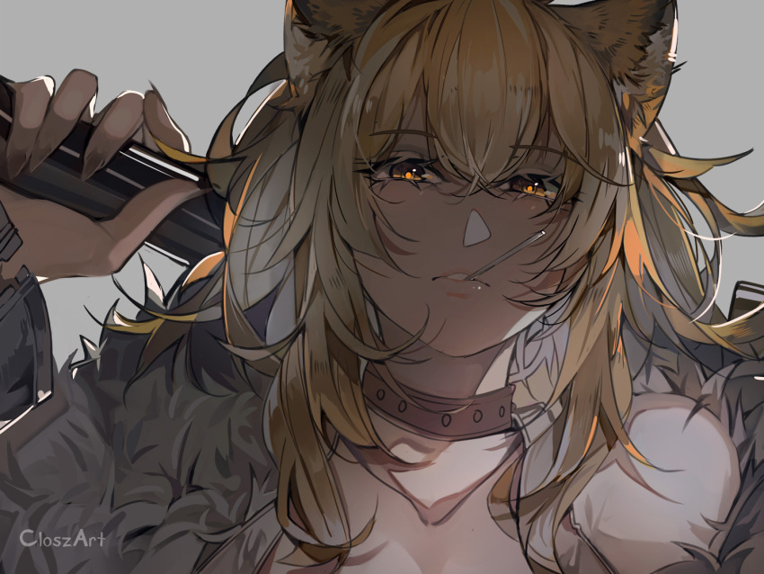 1girl animal_ears arknights blonde_hair candy choker close-up closz collarbone eyebrows_visible_through_hair fingernails food food_in_mouth fur-trimmed_jacket fur_trim hair_between_eyes holding holding_weapon jacket lollipop long_fingernails long_hair looking_at_viewer parted_lips portrait sharp_fingernails siege_(arknights) solo weapon yellow_eyes