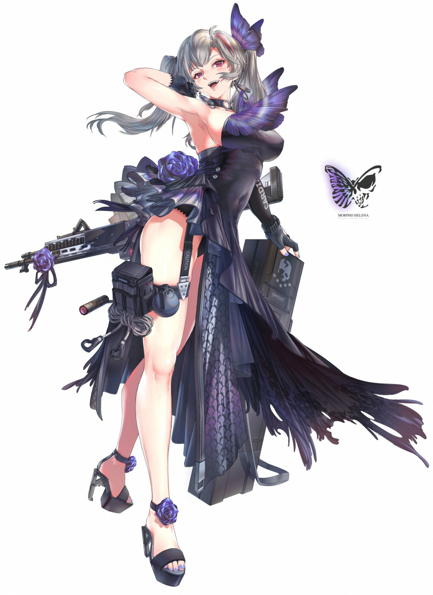 arm_up armpits asymmetrical_sleeves bare_legs breasts bug butterfly butterfly_hair_ornament character_name choker dress english_text explosive fingerless_gloves flower frilled_dress frills garter_straps gloves grenade grey_hair gun hair_ornament high_heels highres insect legs looking_at_viewer medium_breasts medium_hair mivit mole mole_on_breast multicolored_hair nail_polish open_mouth original purple_dress purple_nails red_eyes redhead rifle sandals side_slit sidelocks simple_background single_sleeve strapless streaked_hair toes twintails weapon white_background