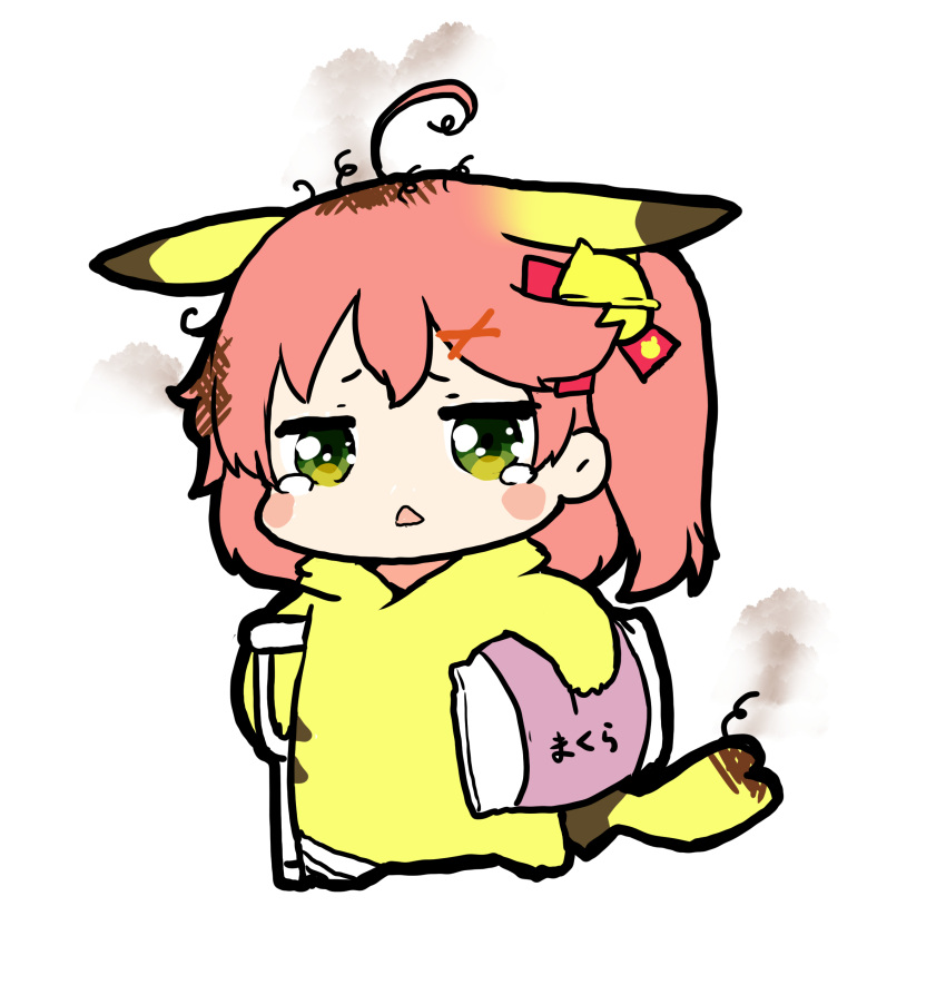 1girl absurdres ahoge bandages bell chestnut_mouth chibi cosplay crutch full_body gen_1_pokemon green_eyes hair_bell hair_ornament hairclip highres hololive messy_hair nejime one_side_up open_mouth pikachu pikachu_(cosplay) pillow pink_hair pokemon sakura_miko super_smash_bros. tail tears virtual_youtuber white_background