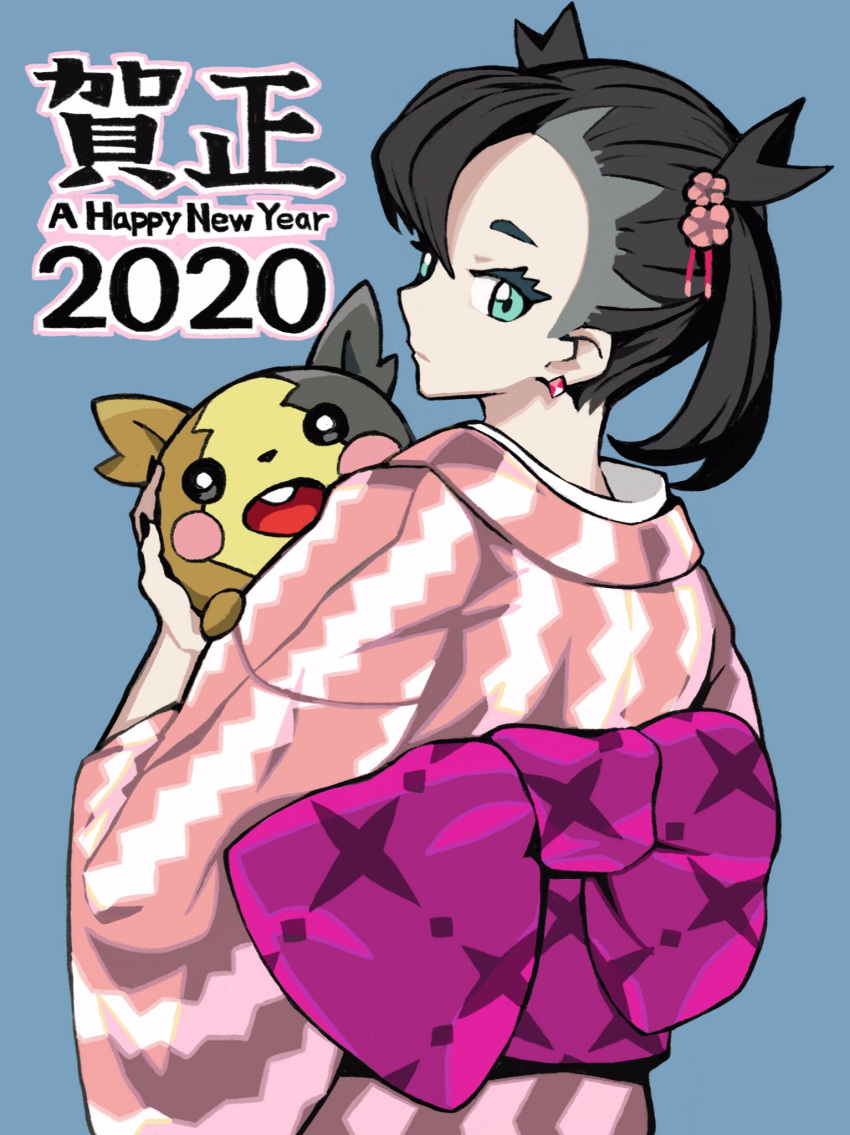 2020 aqua_eyes asymmetrical_bangs asymmetrical_hair bangs blue_background bow earrings flower from_behind gen_8_pokemon gratin_gratin hair_flower hair_ornament happy_new_year highres holding holding_pokemon japanese_clothes jewelry kimono looking_at_viewer looking_back mary_(pokemon) morpeko new_year pink_kimono pokemon pokemon_(creature) pokemon_(game) pokemon_swsh purple_bow simple_background striped striped_kimono undercut yukata