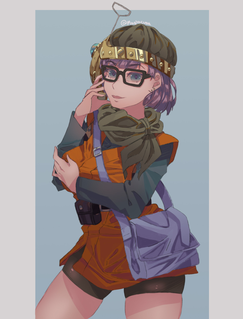 1girl bag bangs bike_shorts chrono_trigger earrings eyebrows_visible_through_hair glasses hand_on_own_cheek hat highres jewelry lucca_ashtear maglacuna open_mouth purple_hair satchel scarf short_hair smile solo stud_earrings twitter_username