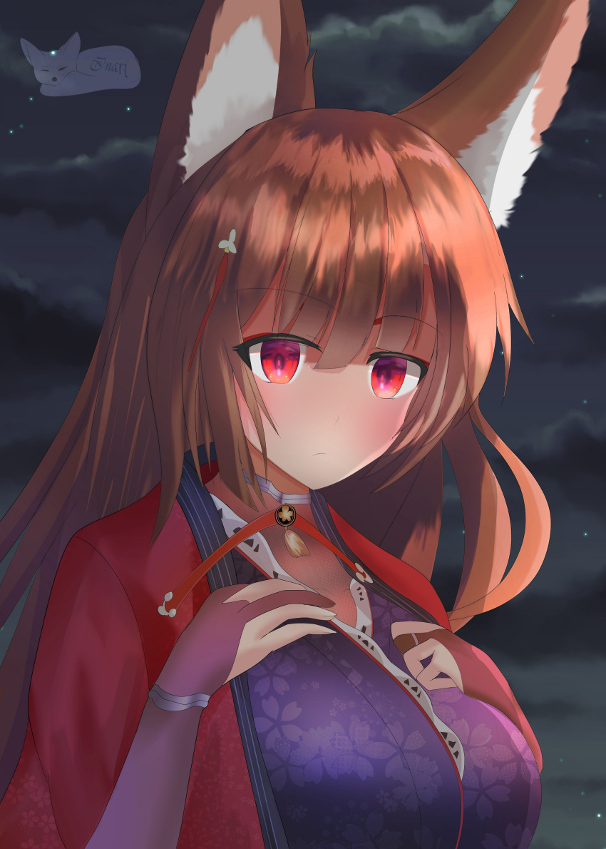 absurdres al_ryude amagi_(azur_lane) animal_ears azur_lane breasts brown_hair dress fingerless_gloves fox_ears gloves highres japanese_clothes kimono large_breasts long_hair red_dress red_eyes yandere