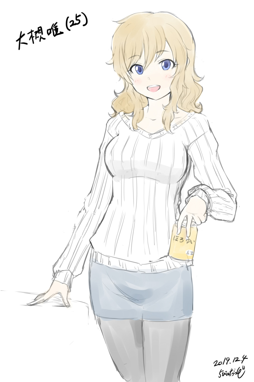 1girl absurdres alcohol artist_name blonde_hair blue_eyes breasts can character_name dated highres idolmaster idolmaster_cinderella_girls long_hair ootsuki_yui open_mouth pantyhose rabinidaddo simple_background skirt sweater teeth v-neck