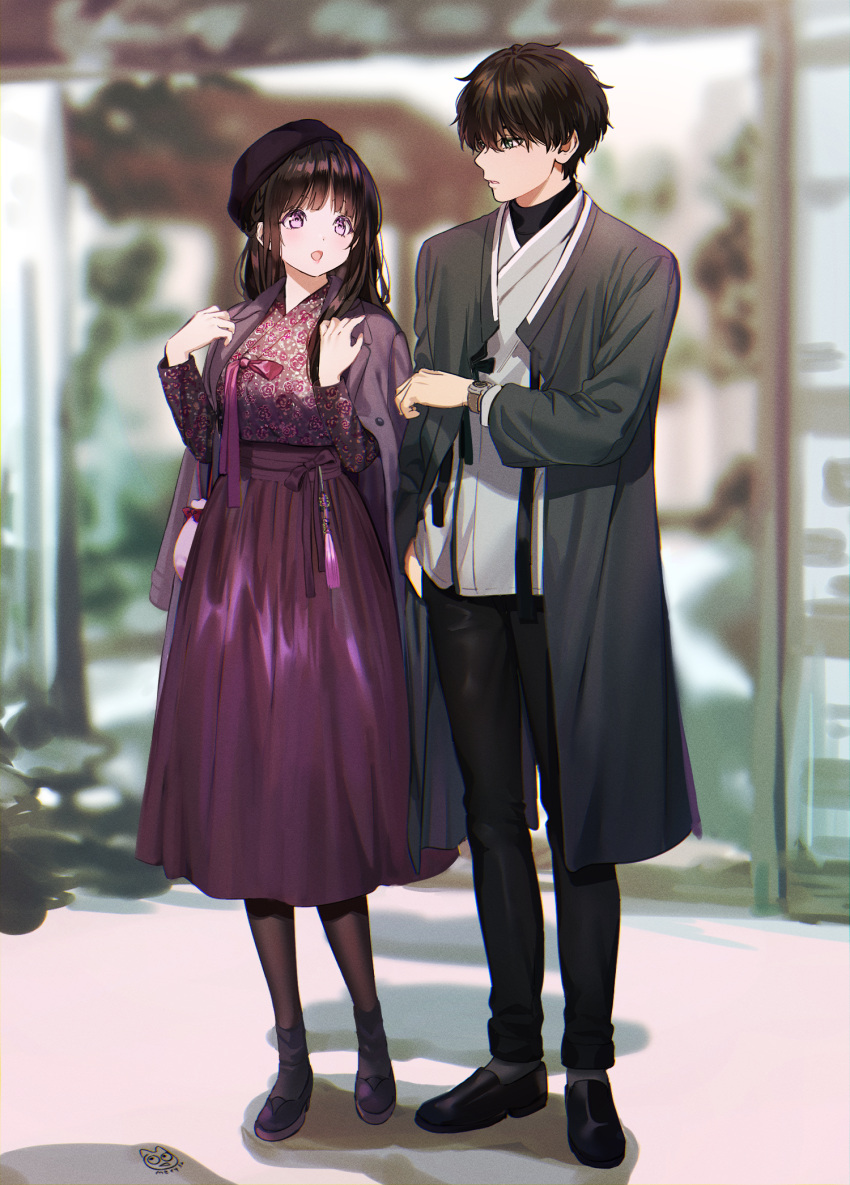 1boy 1girl bangs black_hair blurry blurry_background breasts casual chitanda_eru commentary_request couple dress full_body green_eyes highres hyouka large_breasts long_hair long_sleeves looking_at_another mery_(apfl0515) open_mouth oreki_houtarou outdoors pants pantyhose shoes short_hair standing urban violet_eyes watch watch