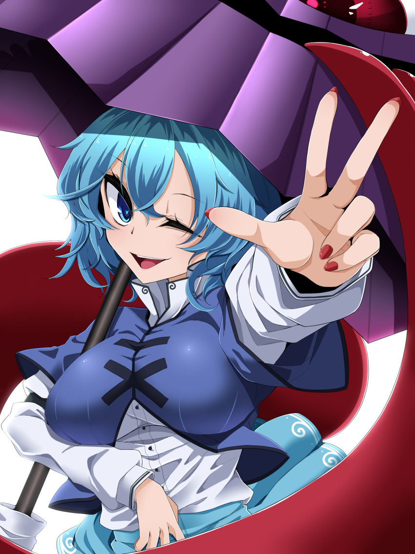 1girl ;d absurdres arm_up bangs blue_eyes blue_hair blue_shirt blue_skirt blush breasts commentary eyebrows_visible_through_hair hair_between_eyes highres large_breasts long_sleeves looking_at_viewer nail_polish one_eye_closed open_mouth purple_umbrella red_nails rihito_(usazukin) shirt simple_background skirt smile solo tatara_kogasa tongue touhou umbrella upper_body w white_background white_shirt