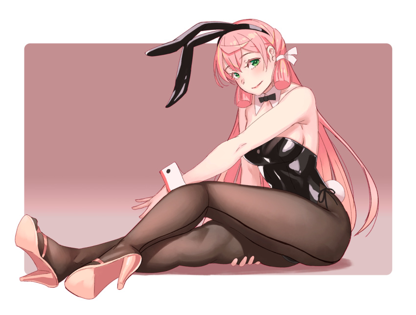 1girl akashi_(kantai_collection) animal_ears back-seamed_legwear black_legwear black_leotard black_neckwear bow bowtie bunny_tail bunnysuit commentary_request detached_collar fake_animal_ears full_body gradient gradient_background green_eyes hair_ribbon kantai_collection leotard lips long_hair looking_at_viewer open_toe_shoes pantyhose pink_background pink_footwear pink_hair rabbit_ears ribbon seamed_legwear solo strapless strapless_leotard tail tress_ribbon two-tone_background wrist_cuffs yuuji_(and)
