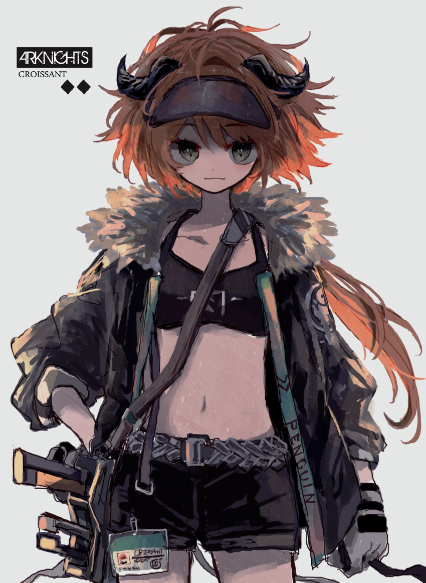 1girl azsn10 bag bangs belt bra cowboy_shot english_text eyebrows_visible_through_hair gloves grey_background highres holding horns jacket long_sleeves looking_at_viewer midriff name_tag navel open_clothes open_jacket orange_hair original short_hair_with_long_locks shorts shoulder_bag simple_background smile solo underwear